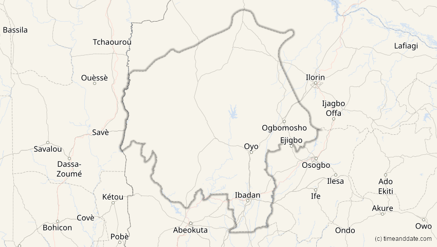 A map of Oyo, Nigeria, showing the path of the 2. Aug 2027 Totale Sonnenfinsternis