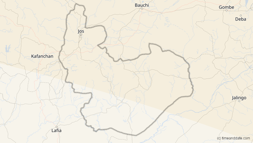 A map of Plateau, Nigeria, showing the path of the Aug 2, 2027 Total Solar Eclipse