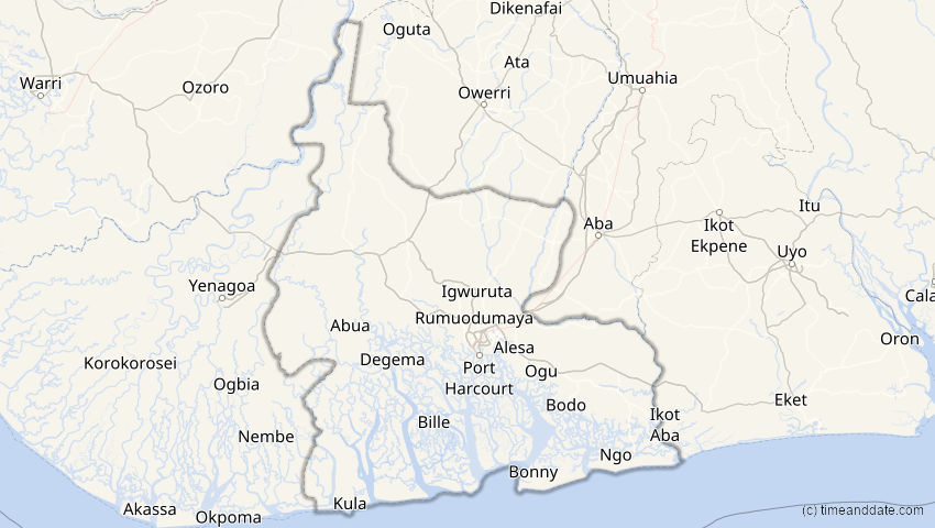 A map of Rivers, Nigeria, showing the path of the 2. Aug 2027 Totale Sonnenfinsternis