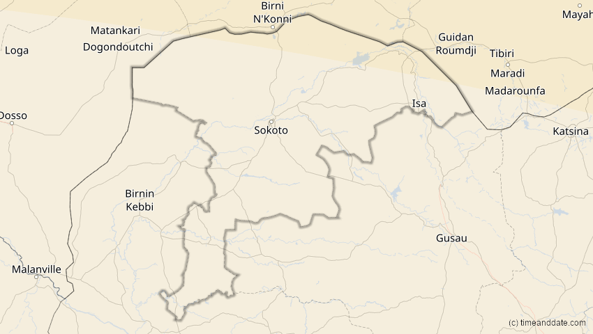 A map of Sokoto, Nigeria, showing the path of the Aug 2, 2027 Total Solar Eclipse