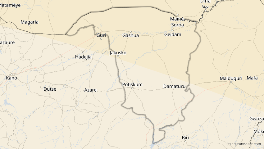 A map of Yobe, Nigeria, showing the path of the 2. Aug 2027 Totale Sonnenfinsternis