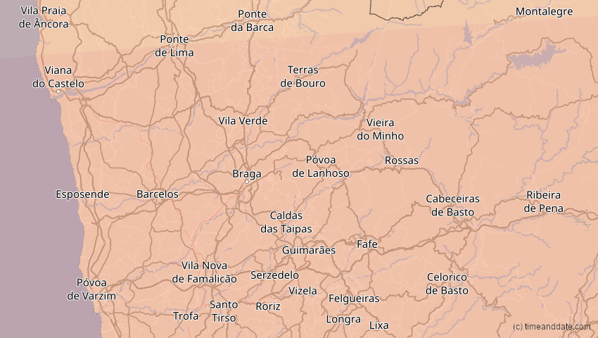 A map of Braga, Portugal, showing the path of the 2. Aug 2027 Totale Sonnenfinsternis
