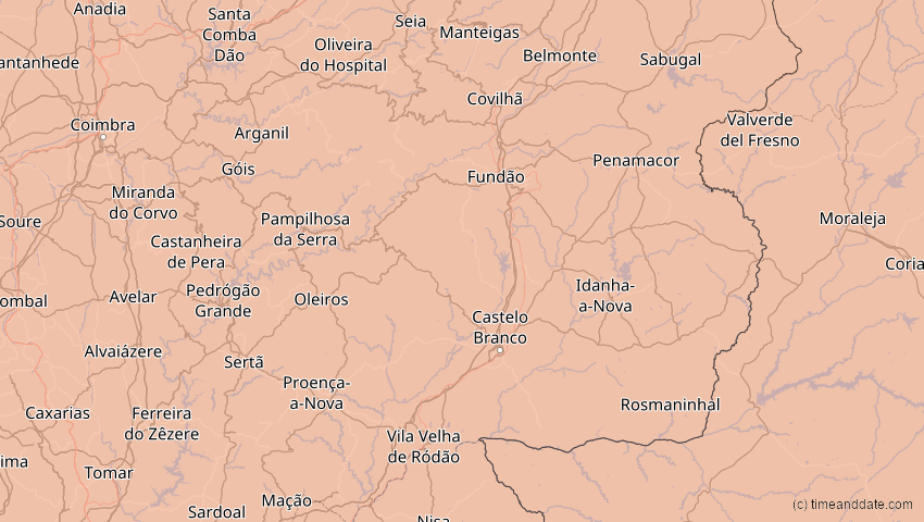 A map of Castelo Branco, Portugal, showing the path of the 2027年8月2日 (月) Total Solar Eclipse