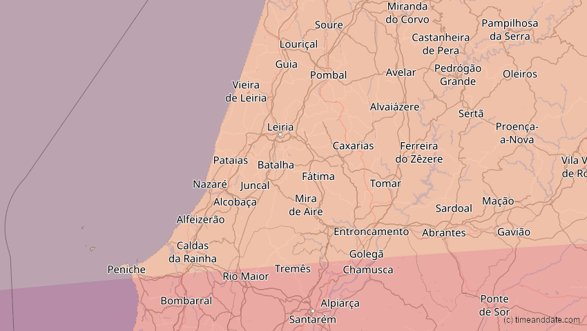 A map of Leiria, Portugal, showing the path of the 2. Aug 2027 Totale Sonnenfinsternis
