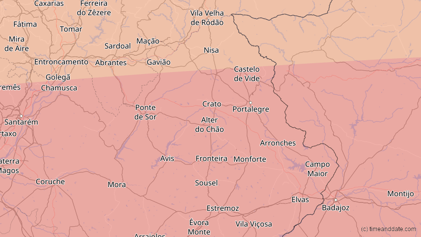 A map of Portalegre, Portugal, showing the path of the 2027年8月2日 (月) Total Solar Eclipse