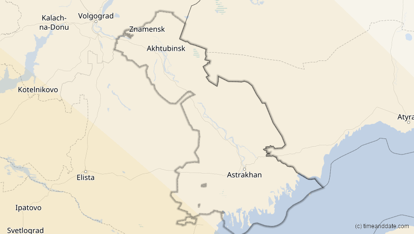 A map of Astrachan, Russland, showing the path of the 2. Aug 2027 Totale Sonnenfinsternis