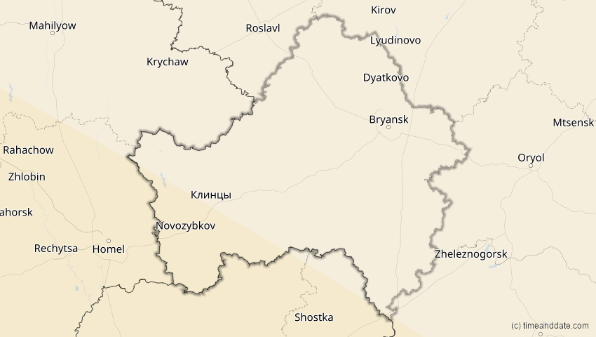 A map of Brjansk, Russland, showing the path of the 2. Aug 2027 Totale Sonnenfinsternis