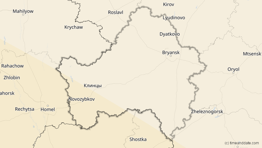 A map of Bryansk, Russia, showing the path of the 2027年8月2日 (月) Total Solar Eclipse