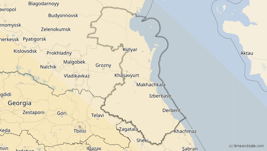 A map of Dagestan, Russland, showing the path of the 2. Aug 2027 Totale Sonnenfinsternis