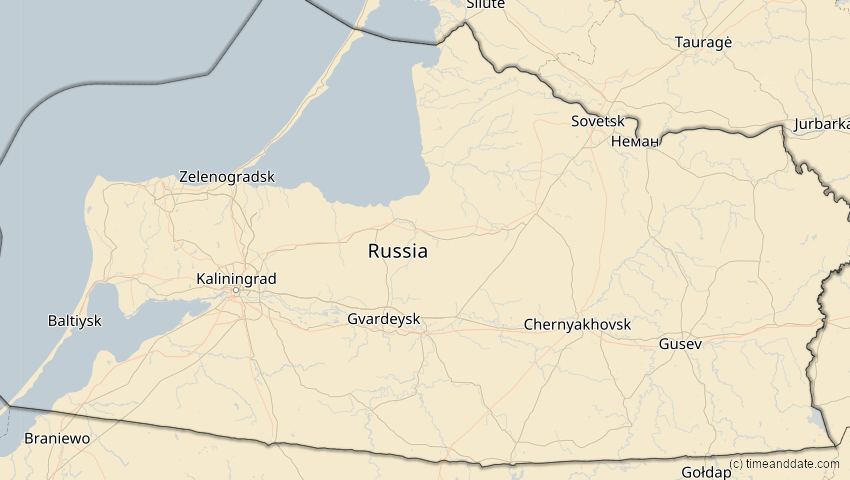 A map of Kaliningrad, Russland, showing the path of the 2. Aug 2027 Totale Sonnenfinsternis