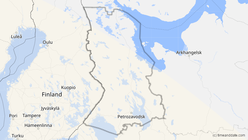 A map of Karelia, Russia, showing the path of the Aug 2, 2027 Total Solar Eclipse