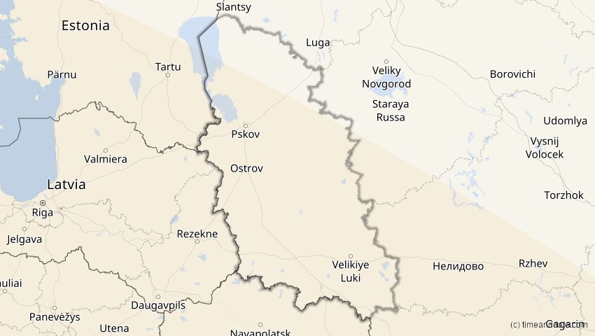 A map of Pskow, Russland, showing the path of the 2. Aug 2027 Totale Sonnenfinsternis