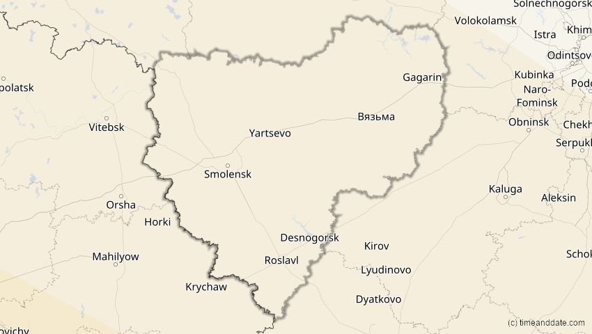 A map of Smolensk, Russland, showing the path of the 2. Aug 2027 Totale Sonnenfinsternis