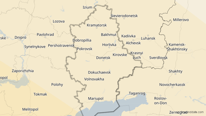 A map of Donezk, Ukraine, showing the path of the 2. Aug 2027 Totale Sonnenfinsternis