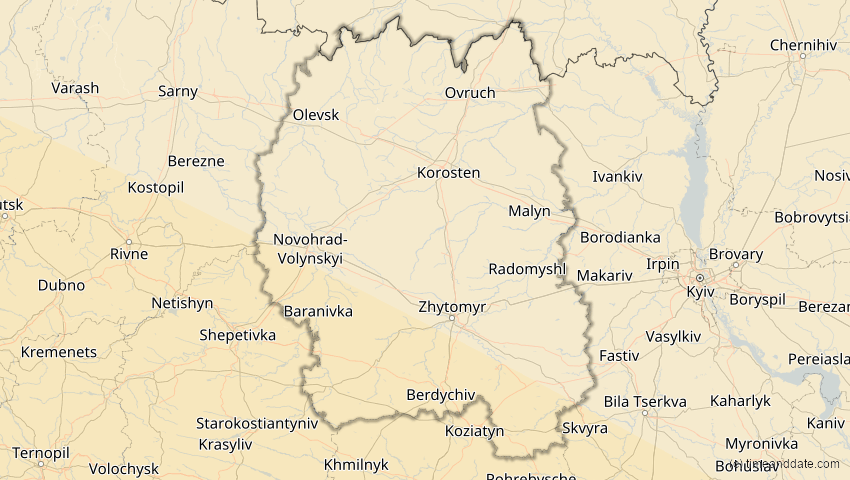 A map of Schytomyr, Ukraine, showing the path of the 2. Aug 2027 Totale Sonnenfinsternis