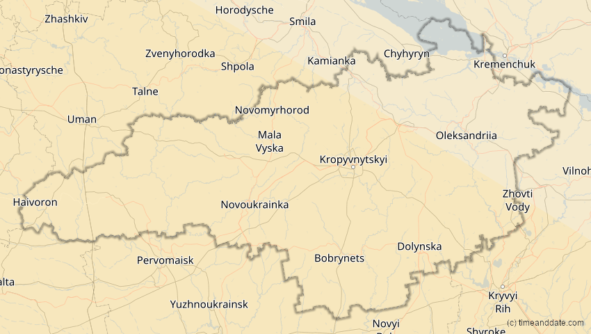 A map of Kirowohrad, Ukraine, showing the path of the 2. Aug 2027 Totale Sonnenfinsternis