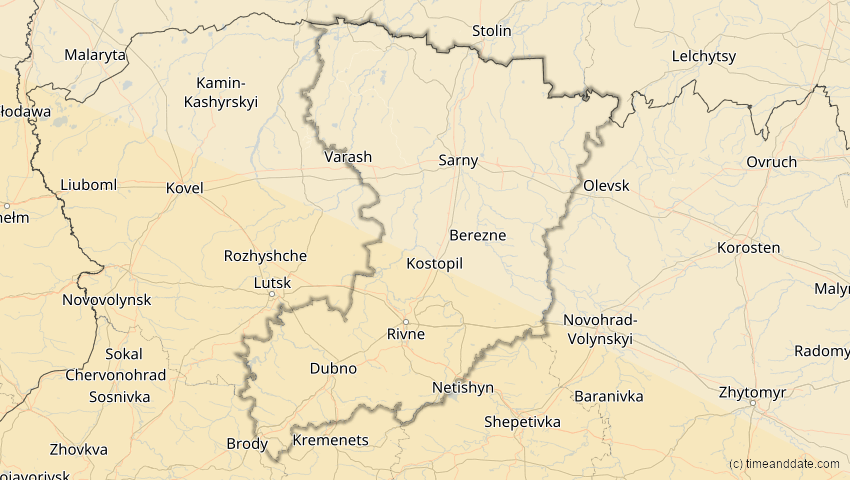 A map of Rivne, Ukraine, showing the path of the Aug 2, 2027 Total Solar Eclipse