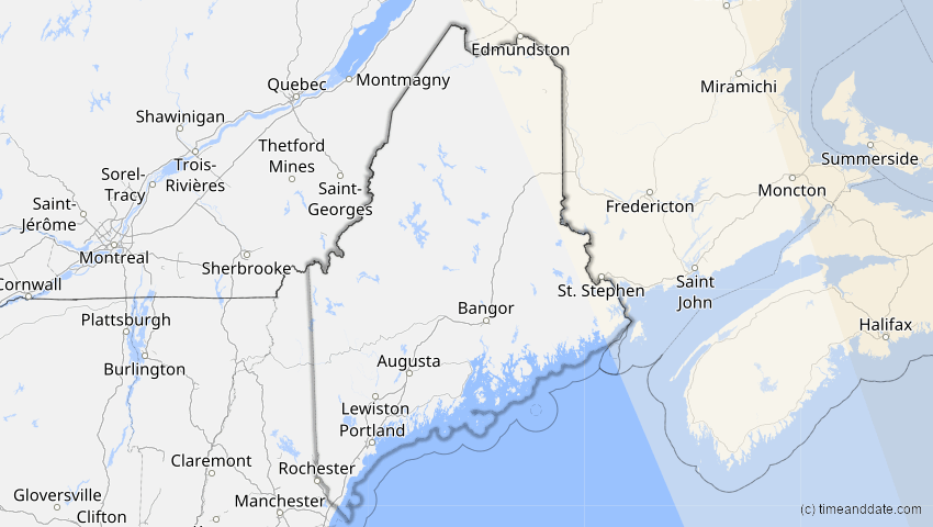 A map of Maine, United States, showing the path of the Aug 2, 2027 Total Solar Eclipse