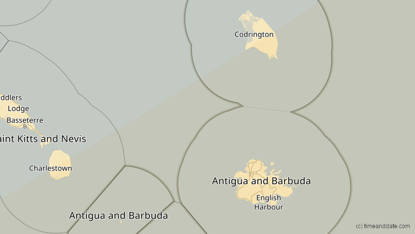 A map of Antigua und Barbuda, showing the path of the 26. Jan 2028 Ringförmige Sonnenfinsternis