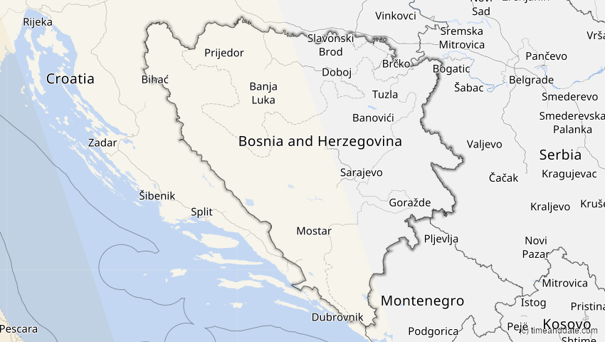 A map of Bosnia and Herzegovina, showing the path of the Jan 26, 2028 Annular Solar Eclipse