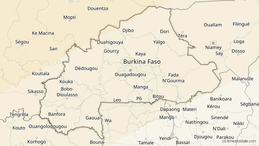 A map of Burkina Faso, showing the path of the 26. Jan 2028 Ringförmige Sonnenfinsternis