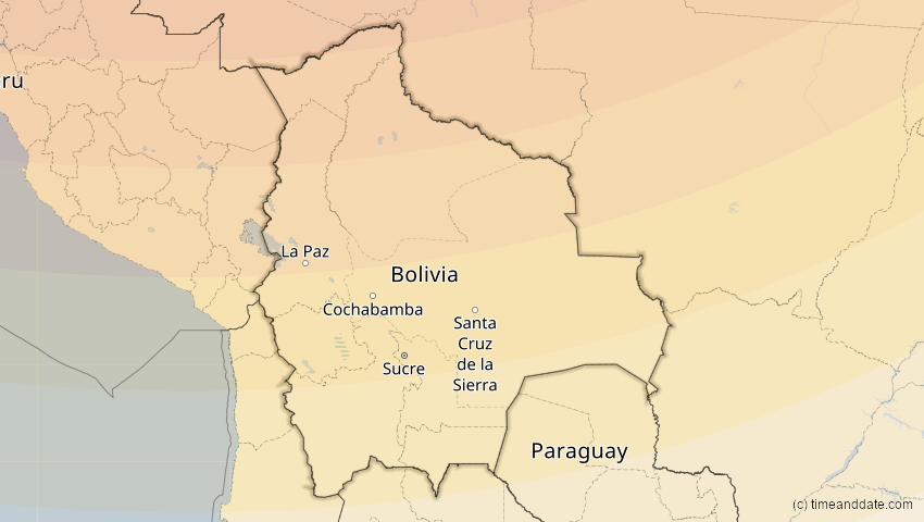A map of Bolivia, showing the path of the Jan 26, 2028 Annular Solar Eclipse