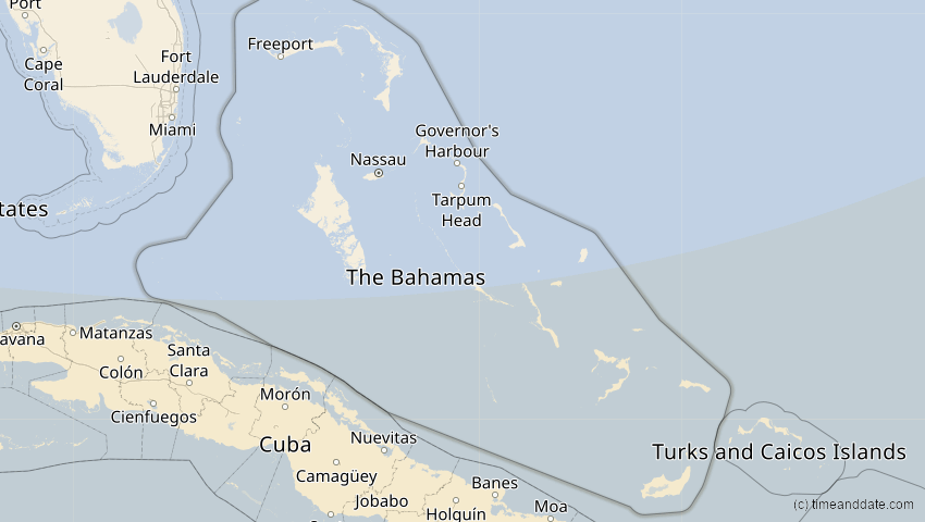 A map of Bahamas, showing the path of the 26. Jan 2028 Ringförmige Sonnenfinsternis