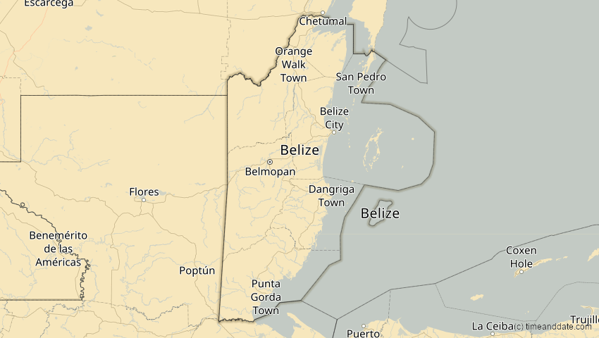 A map of Belize, showing the path of the 26. Jan 2028 Ringförmige Sonnenfinsternis