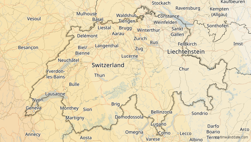A map of Schweiz, showing the path of the 26. Jan 2028 Ringförmige Sonnenfinsternis