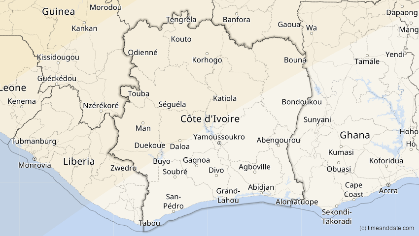 A map of Elfenbeinküste (Côte d'Ivoire), showing the path of the 26. Jan 2028 Ringförmige Sonnenfinsternis