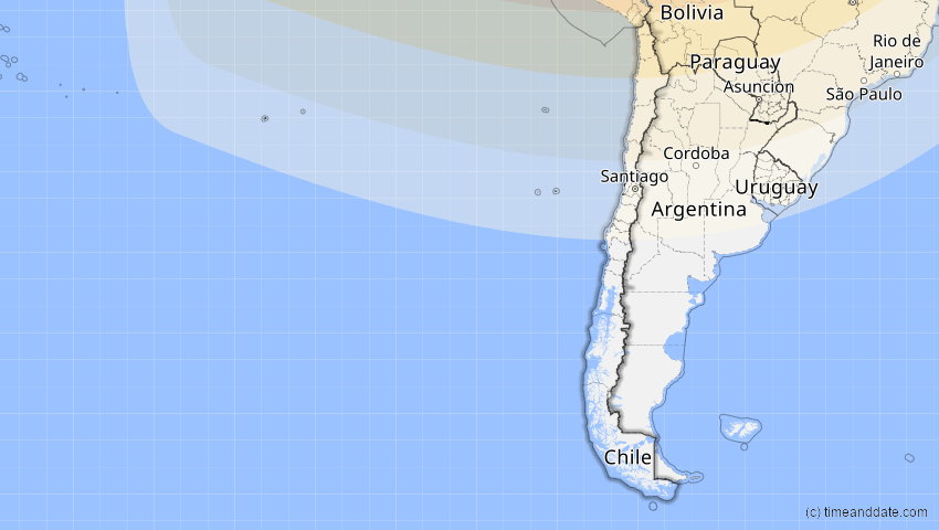 A map of Chile, showing the path of the Jan 26, 2028 Annular Solar Eclipse