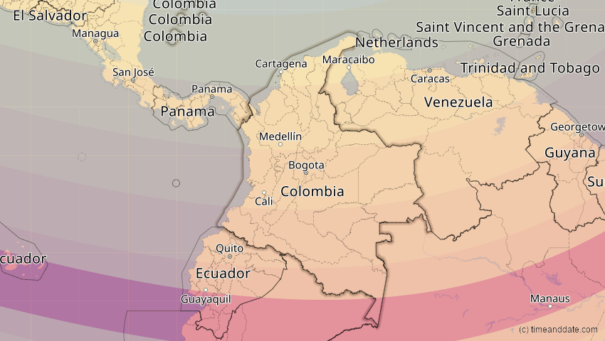 A map of Colombia, showing the path of the Jan 26, 2028 Annular Solar Eclipse