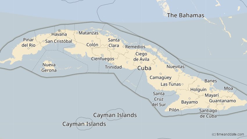 A map of Cuba, showing the path of the Jan 26, 2028 Annular Solar Eclipse