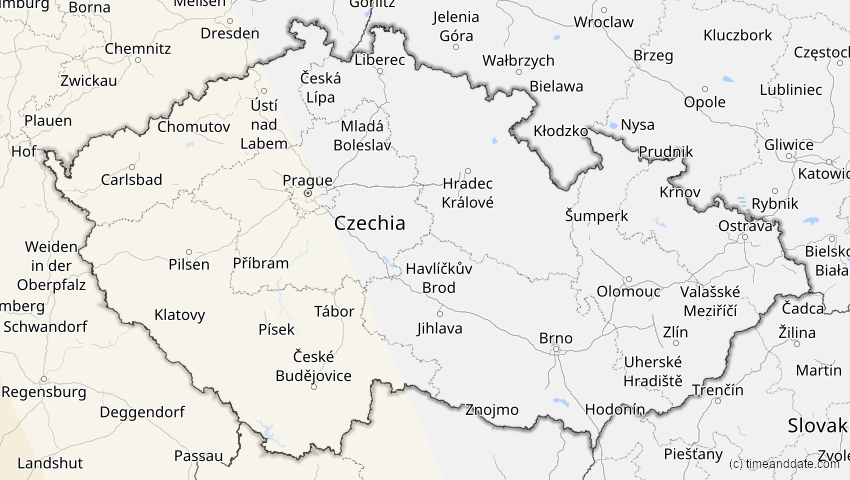 A map of Czechia, showing the path of the Jan 26, 2028 Annular Solar Eclipse