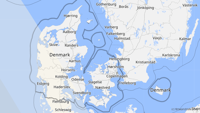 A map of Denmark, showing the path of the Jan 26, 2028 Annular Solar Eclipse