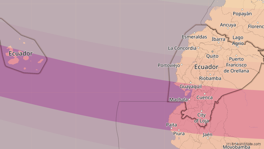 A map of Ecuador, showing the path of the Jan 26, 2028 Annular Solar Eclipse