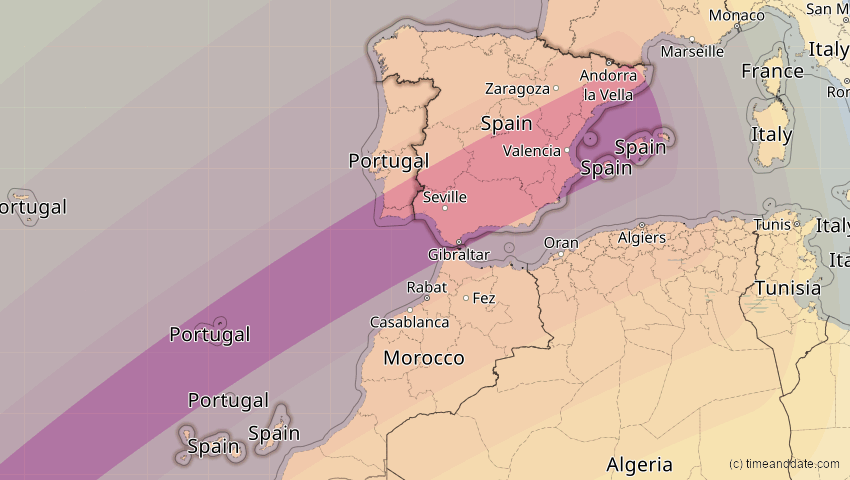 A map of Spain, showing the path of the Jan 26, 2028 Annular Solar Eclipse