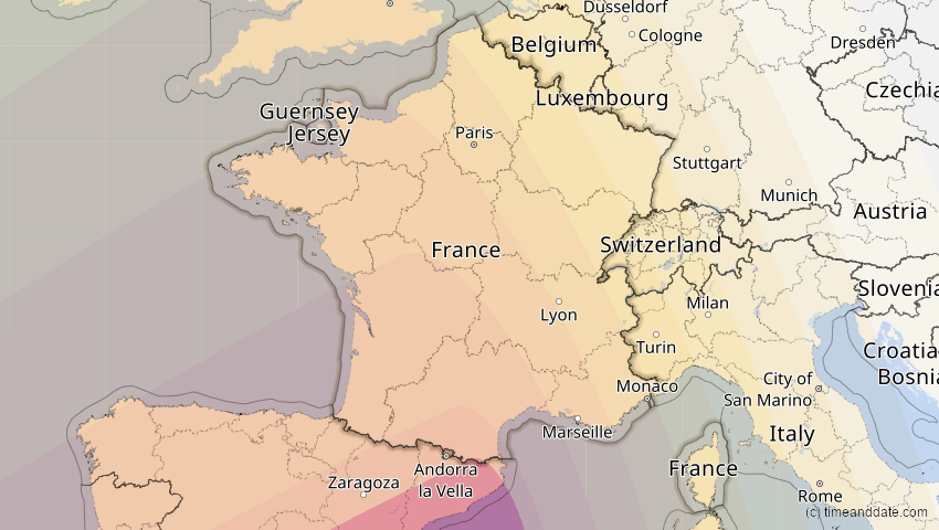 A map of France, showing the path of the Jan 26, 2028 Annular Solar Eclipse