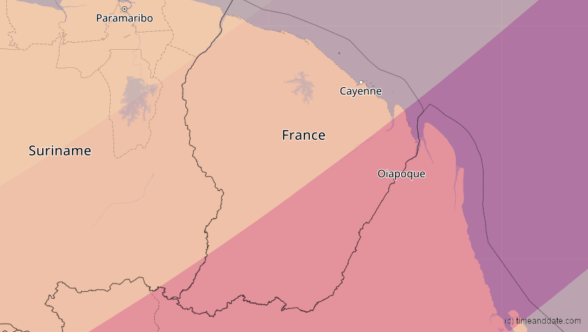 A map of French Guiana, showing the path of the Jan 26, 2028 Annular Solar Eclipse