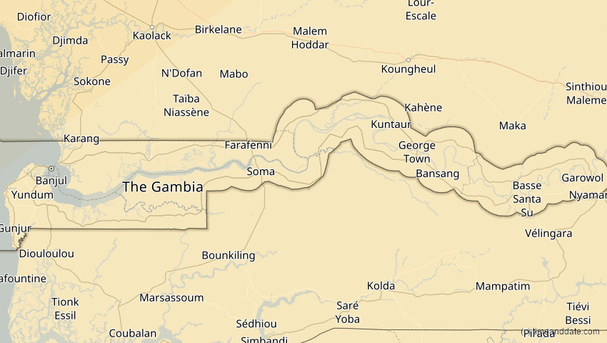 A map of Gambia, showing the path of the Jan 26, 2028 Annular Solar Eclipse