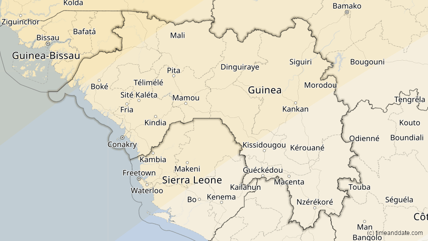 A map of Guinea, showing the path of the 26. Jan 2028 Ringförmige Sonnenfinsternis