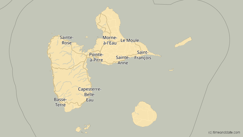 A map of Guadeloupe, showing the path of the 26. Jan 2028 Ringförmige Sonnenfinsternis