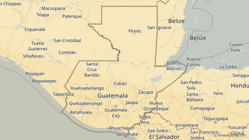 A map of Guatemala, showing the path of the 26. Jan 2028 Ringförmige Sonnenfinsternis