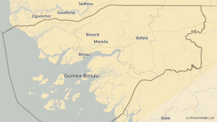 A map of Guinea-Bissau, showing the path of the Jan 26, 2028 Annular Solar Eclipse
