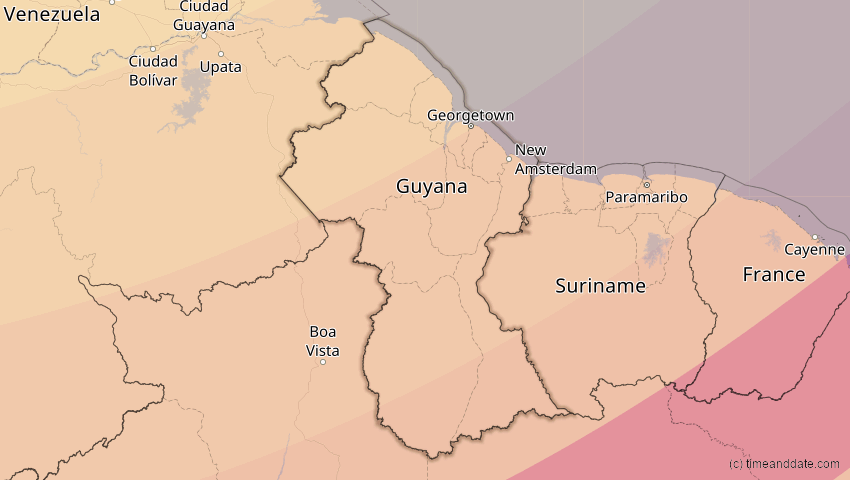 A map of Guyana, showing the path of the Jan 26, 2028 Annular Solar Eclipse