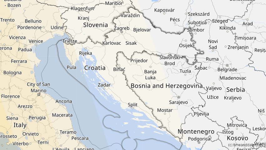 A map of Croatia, showing the path of the Jan 26, 2028 Annular Solar Eclipse