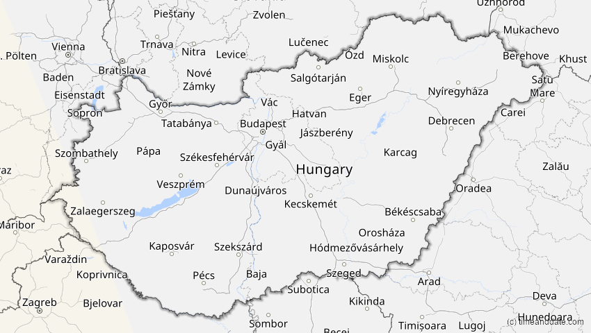 A map of Hungary, showing the path of the Jan 26, 2028 Annular Solar Eclipse