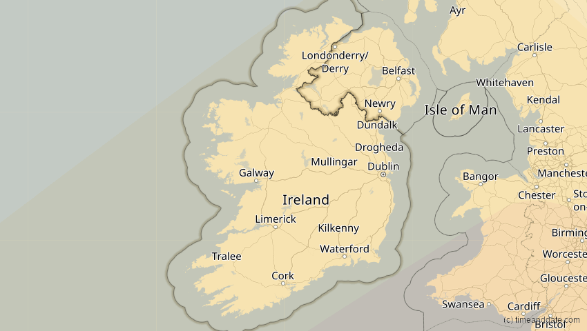 A map of Irland, showing the path of the 26. Jan 2028 Ringförmige Sonnenfinsternis
