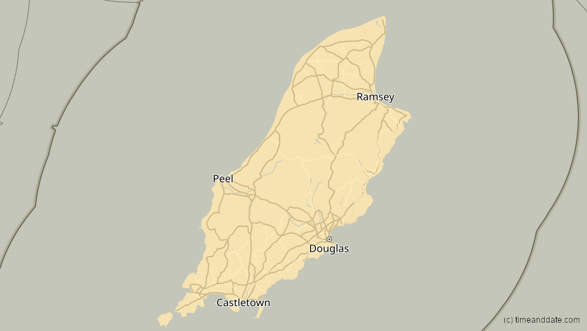 A map of Isle of Man, showing the path of the 26. Jan 2028 Ringförmige Sonnenfinsternis