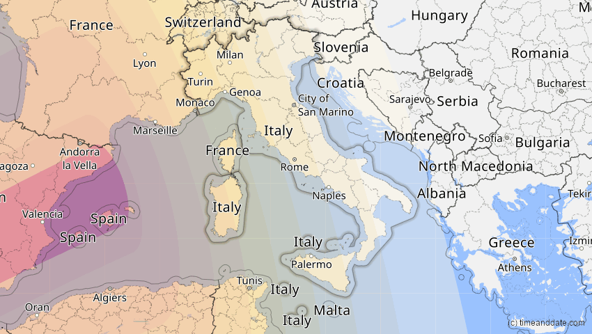 A map of Italy, showing the path of the Jan 26, 2028 Annular Solar Eclipse